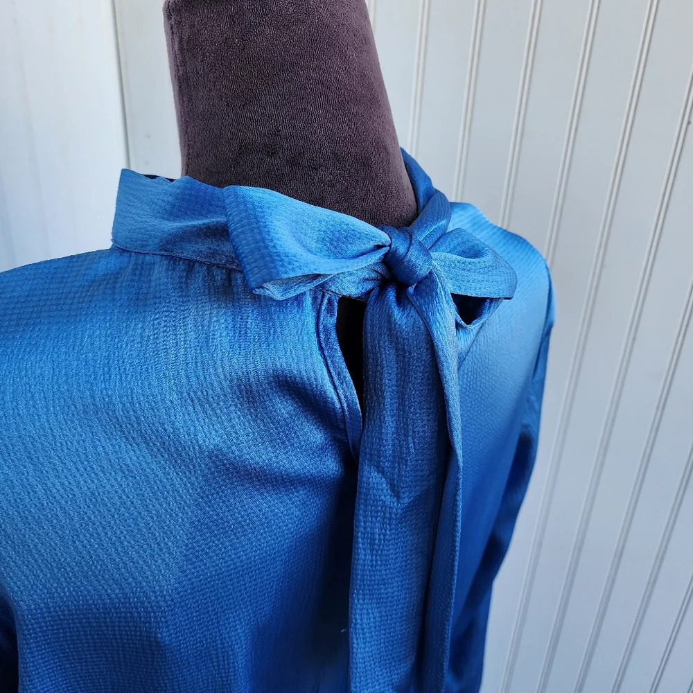 NWT BTFBM Blue Turquoise 3/4 Sleeve Satin Mini Stretch Dress A-Line Ruffle Hem L - Picture 10 of 16